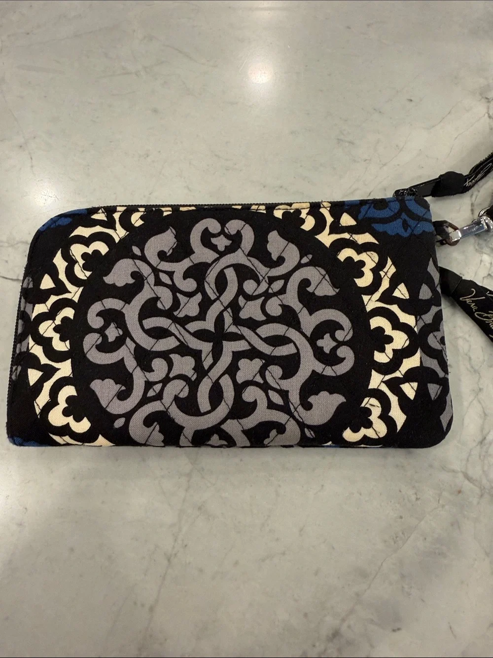 Vera Bradley Zip-Around Wallet Wristlet Black Gray Blue Floral EUC